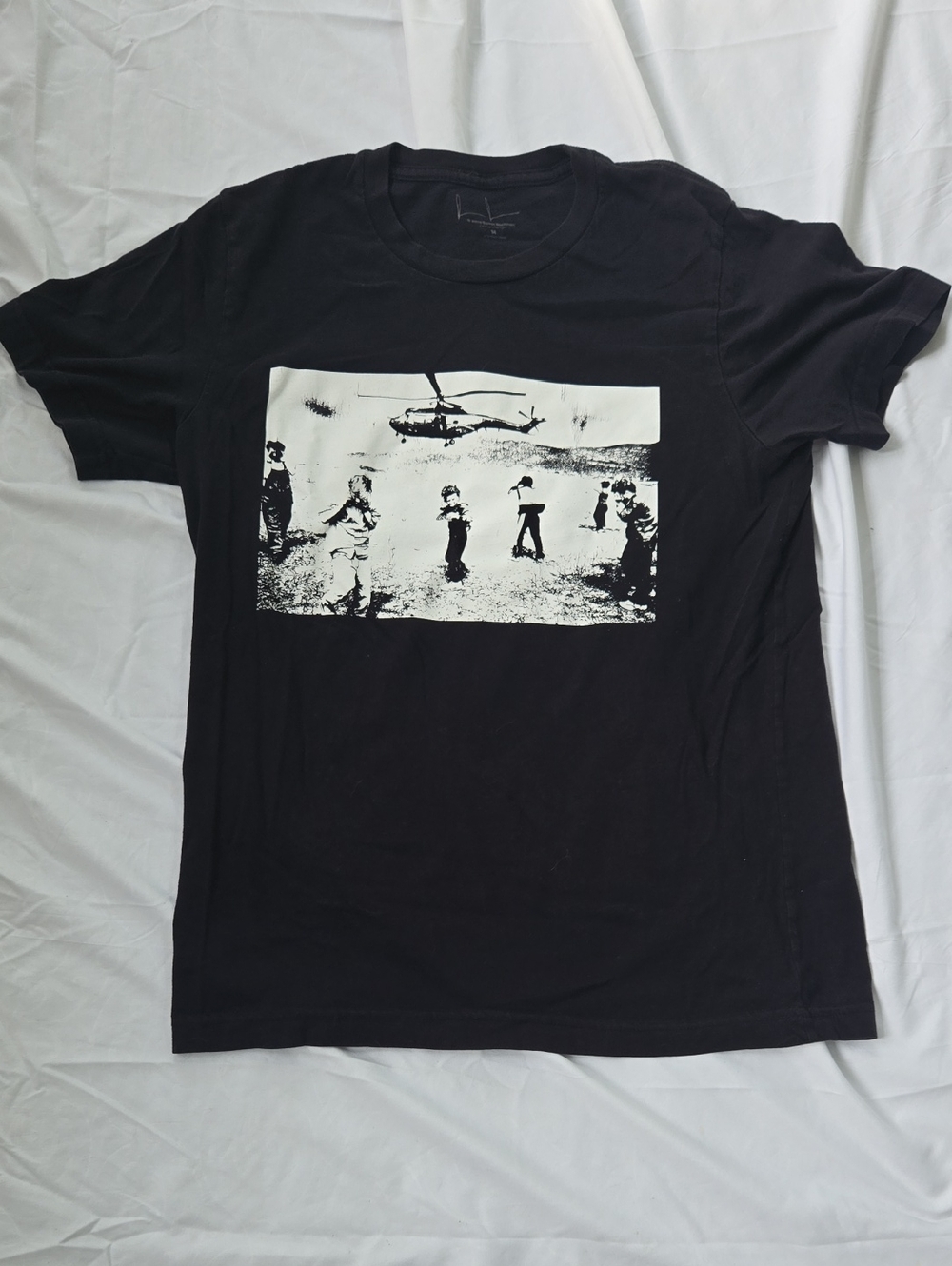 Men's, Unisex Blk Tee, With Org Photograph Hand Silkscreened In White, Size M